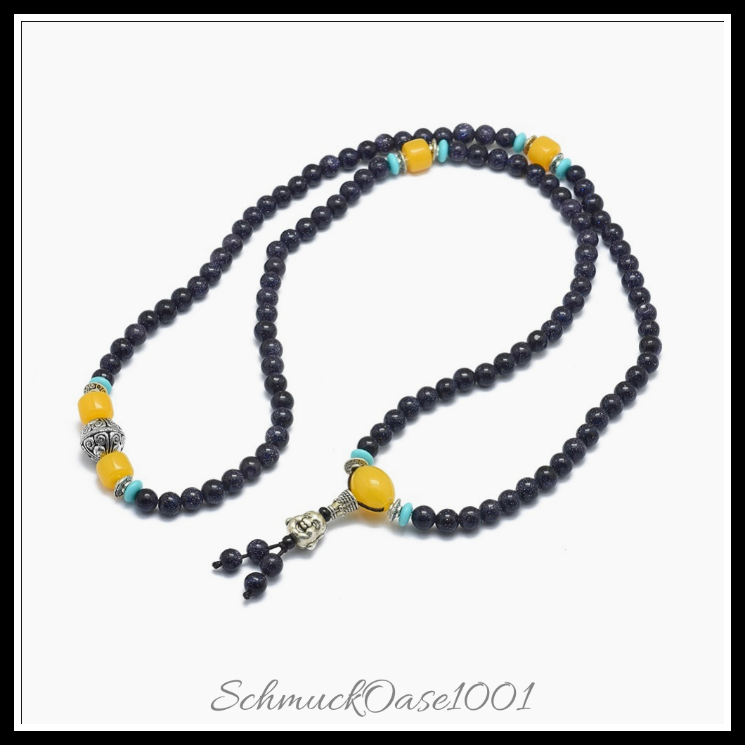 Luxuriöses synthese-goldstein wickelarmband – buddhismus schmuck, 4-schleifen-design, mischfarbe, aus mischfarbe in der farbe synthese-goldstein, legierung, acryl / stilvoll, vielseitig einsetzbar als wickelarmband oder perlenkette und größe 28.34 zoll (72 cm), 6 mm