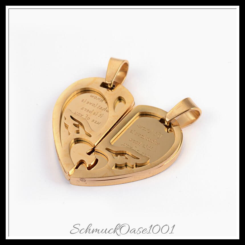 Split edelstahl anhänger – herz „i love you“ – 25x28x3 mm / 1 set, in der farbe gold