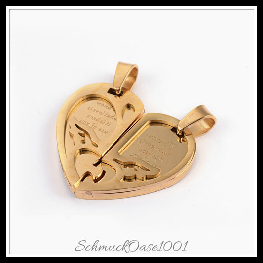 Split edelstahl anhänger – herz „i love you“ – 25x28x3 mm / 1 set, in der farbe gold