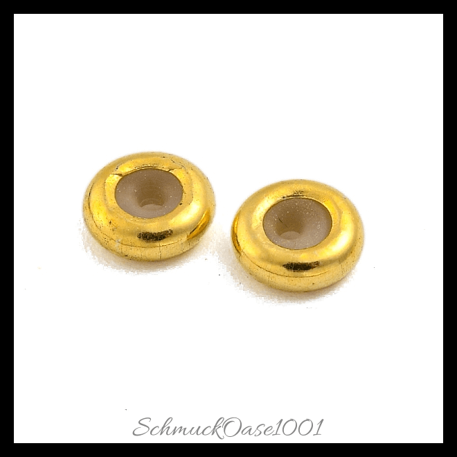 925 sterling silber schieberegler perlen mit gummi – verschiedene farben (10 stk.), aus 925 sterling silber / mit gummi / rondell / schieberegler in der farbe echt 18k vergoldet und größe 5x2 mm, bohrung: 1 mm