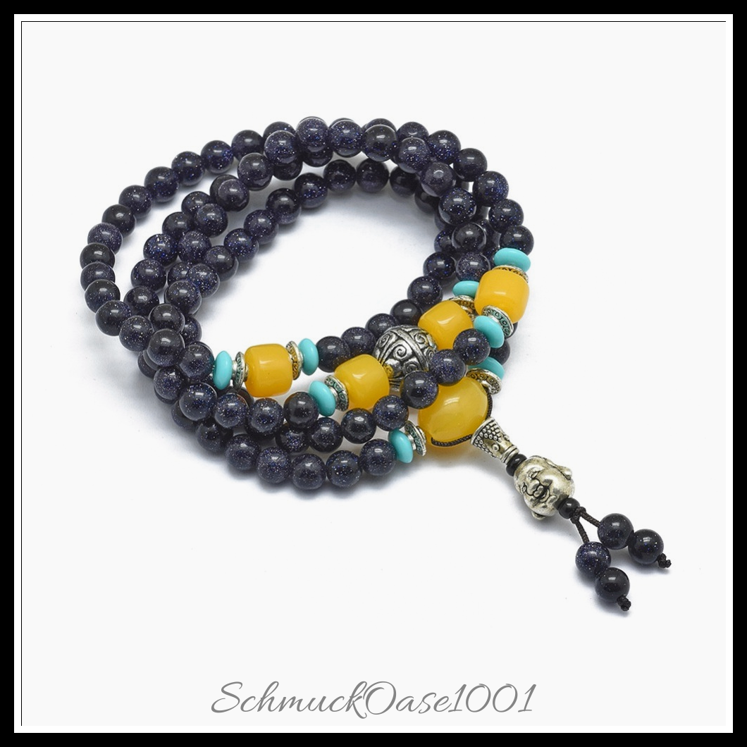 Luxuriöses synthese-goldstein wickelarmband – buddhismus schmuck, 4-schleifen-design, mischfarbe, in der farbe blauer synthese-goldstein, legierung, acryl / stilvoll, vielseitig einsetzbar als wickelarmband oder perlenkette