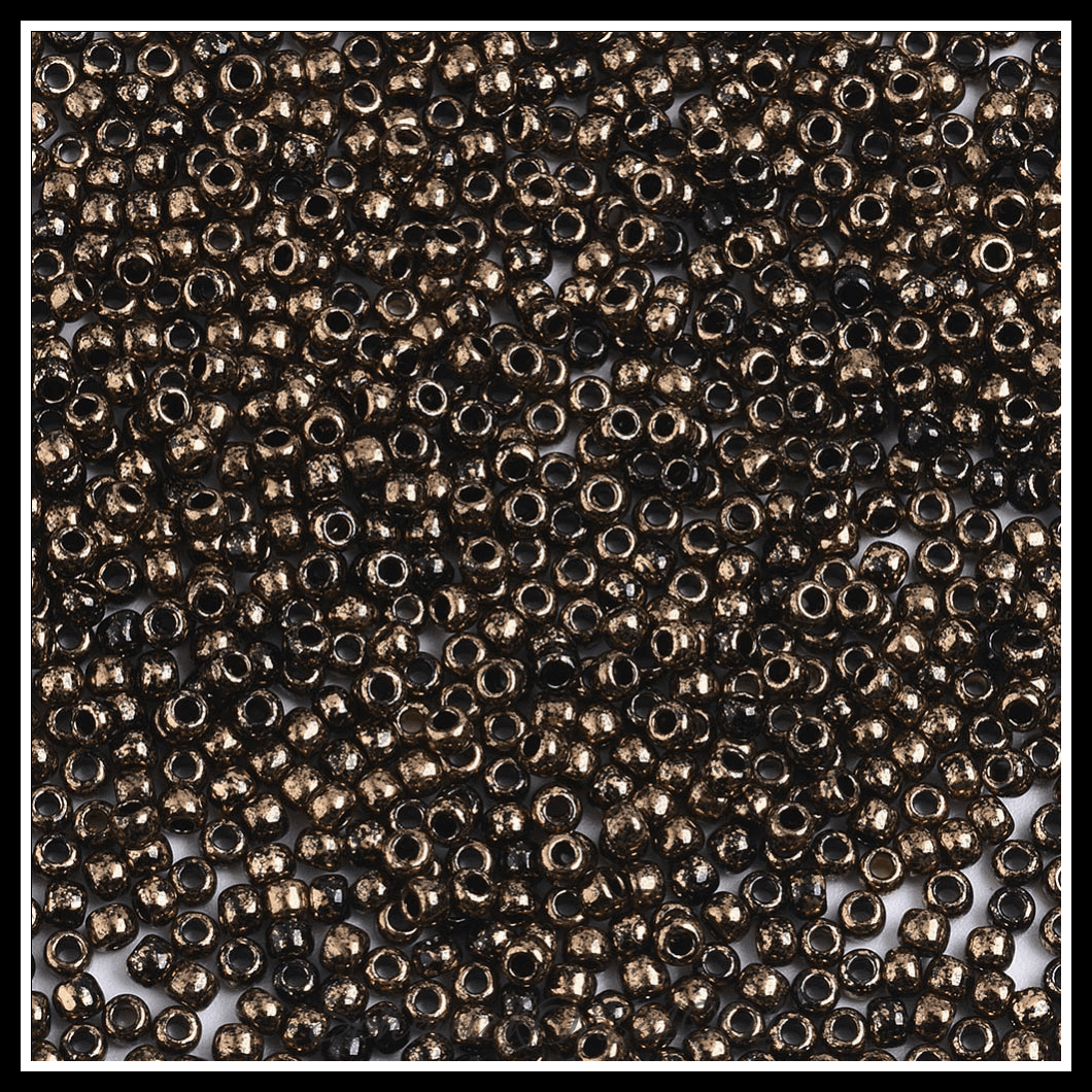 Toho runde rocailles – 11/0 – japanische rocailles – (1706) vergoldet – marmor schwarz – 20g, aus marmor schwarz in der farbe glas, toho, rund, 11/0, vergoldet, marmoriert und größe 11/0 2x1.5 mm, loch: 0.5 mm; 20 gramm