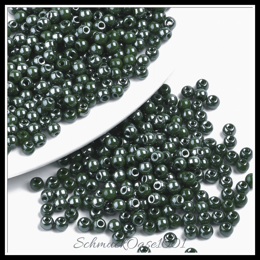 Undurchsichtige glasperlen – runde – dark khaki – glänzend – 40g, in der farbe glas, undurchsichtig, glänzend, rund