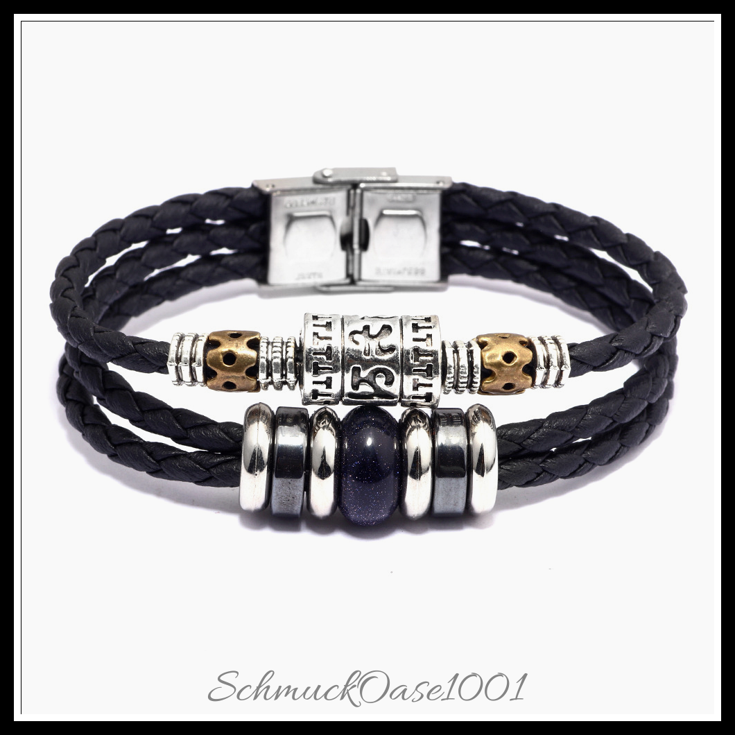Lederarmband mit edelstein & hämatit – multi-strang stil-8-1/8 zoll (20.5 cm), 13 mm, in der farbe leder, multi-strang, synthetischer türkis, synthetischer hämatit, edelstahlverschluss