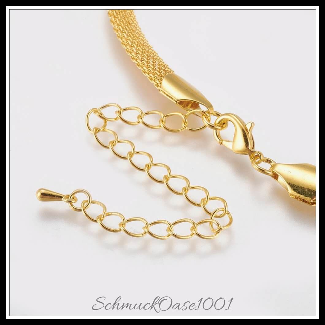 Messing meshkette – 24k vergoldet – mit karabinerverschluss / 15.9" / 1 stück, aus messing / mesh, karabinerverschluss, 24k vergoldet in der farbe gold und größe 15.9", breite: 6 mm / 1 st.