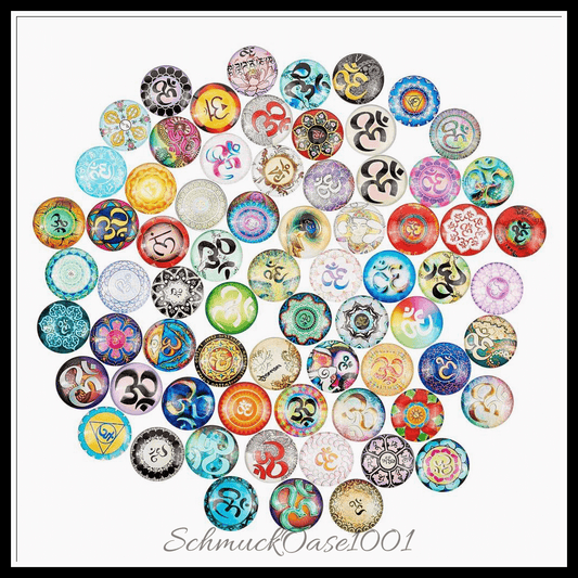 Chakra glas-cabochons – selbstklebend – 25 mm – 50 stück in den farben glas, selbstklebend, halbrund, gemischte muster