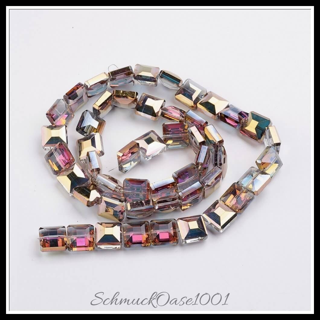 Elektroplattierte kristallglasperlen – quadrat / 13x13x8 mm / 1 strang, aus kristallglas / facettiert, quadratisch, rainbow plated in der farbe purple und größe 13x13x8 mm, loch: 1 mm, ca. 25 stück / 12.7" / 1 strang, ausdrucksstark und ideal für auffällige designs