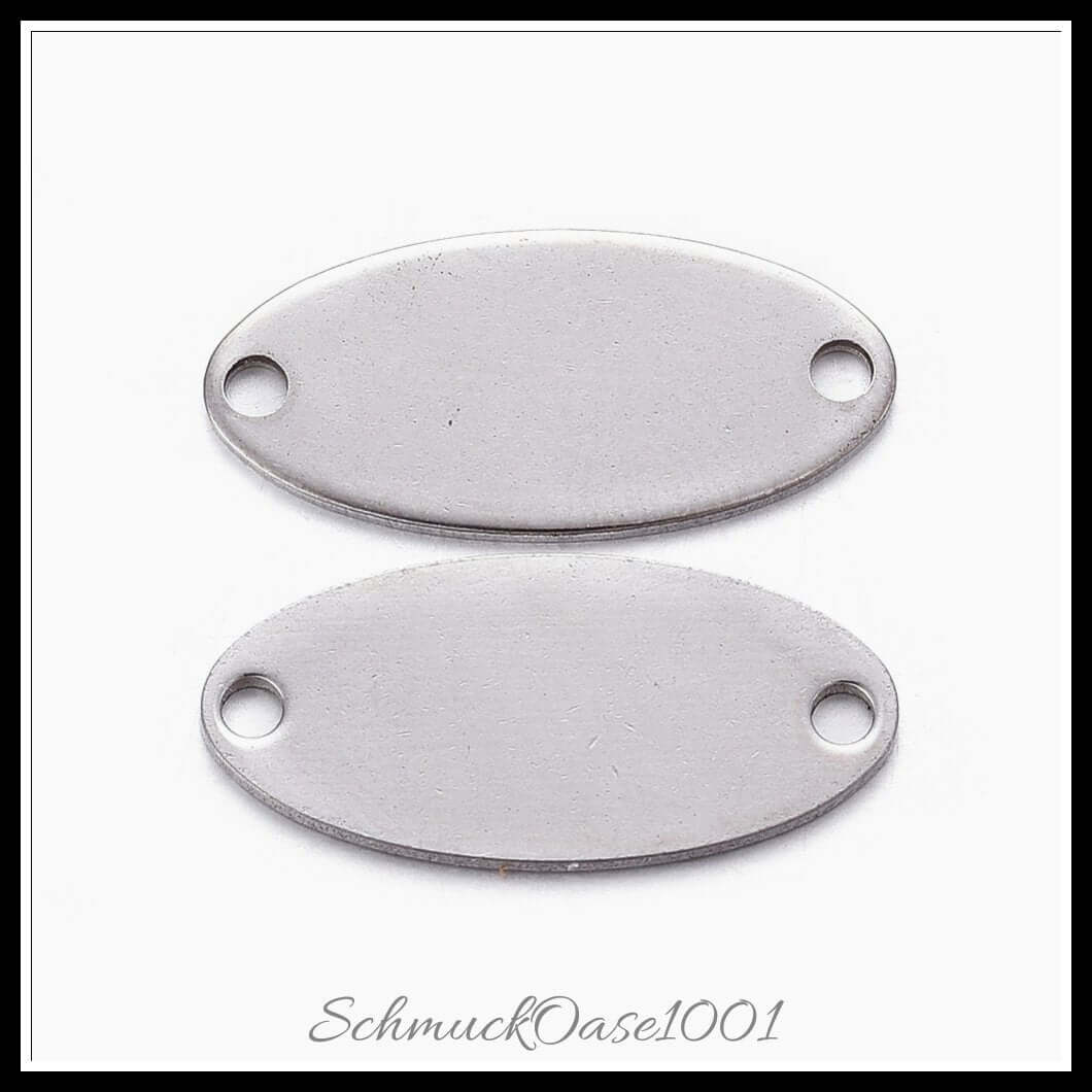 Edelstahl verbindungsstecker – oval klein / 16.5x7.5x0.7 mm / 14 stück, aus edelstahl 304 / oval, klein, stempelbar in der farbe edelstahl farbe und größe 16.5x7.5x0.7 mm, loch: 1.4 mm / 14 st.