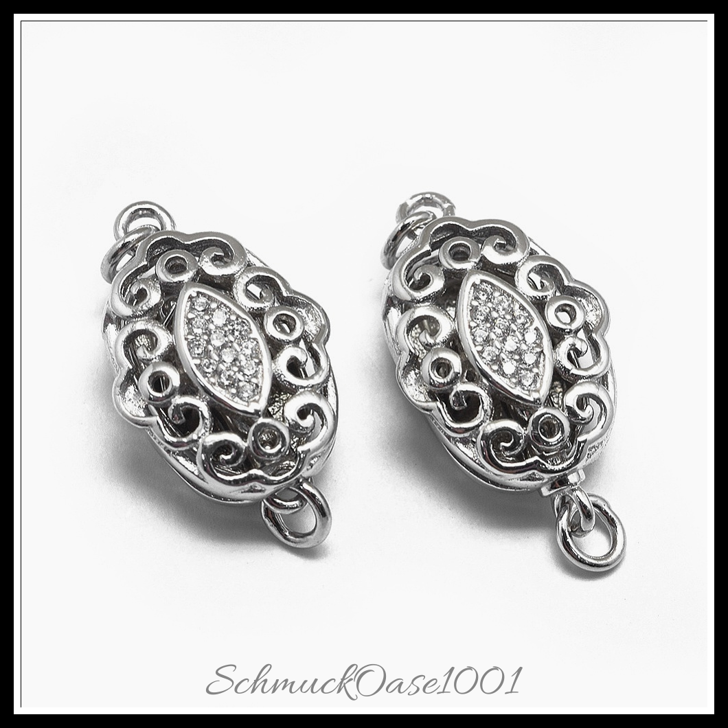 925 sterling silber bajonettverschluss, geschnitzt, mit zirkonia, oval, platin farbe – 1 stk. aus 20x11.5x7 mm, bohrung: 1.5 mm, perfekt für die herstellung individueller ketten und armbänder