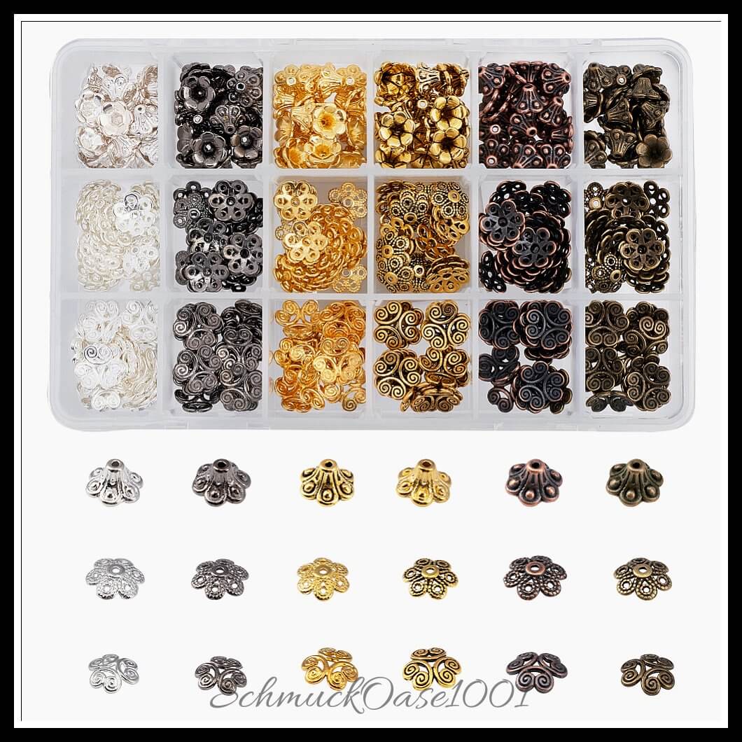 Tibetische legierungs-endkappen – 6 farben / 50 stück, aus legierung / endkappen, tibetisch, mischfarben in der farbe mix und größe 6 farben, für armband/halskette/ohrring / 50 st.