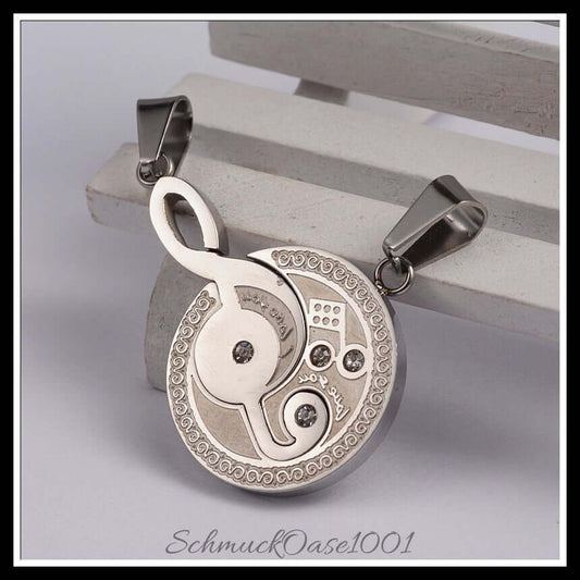 Split edelstahl anhänger – musiknote mit strass / 39x28x3 mm / 1 set, in der farbe edelstahl farbe