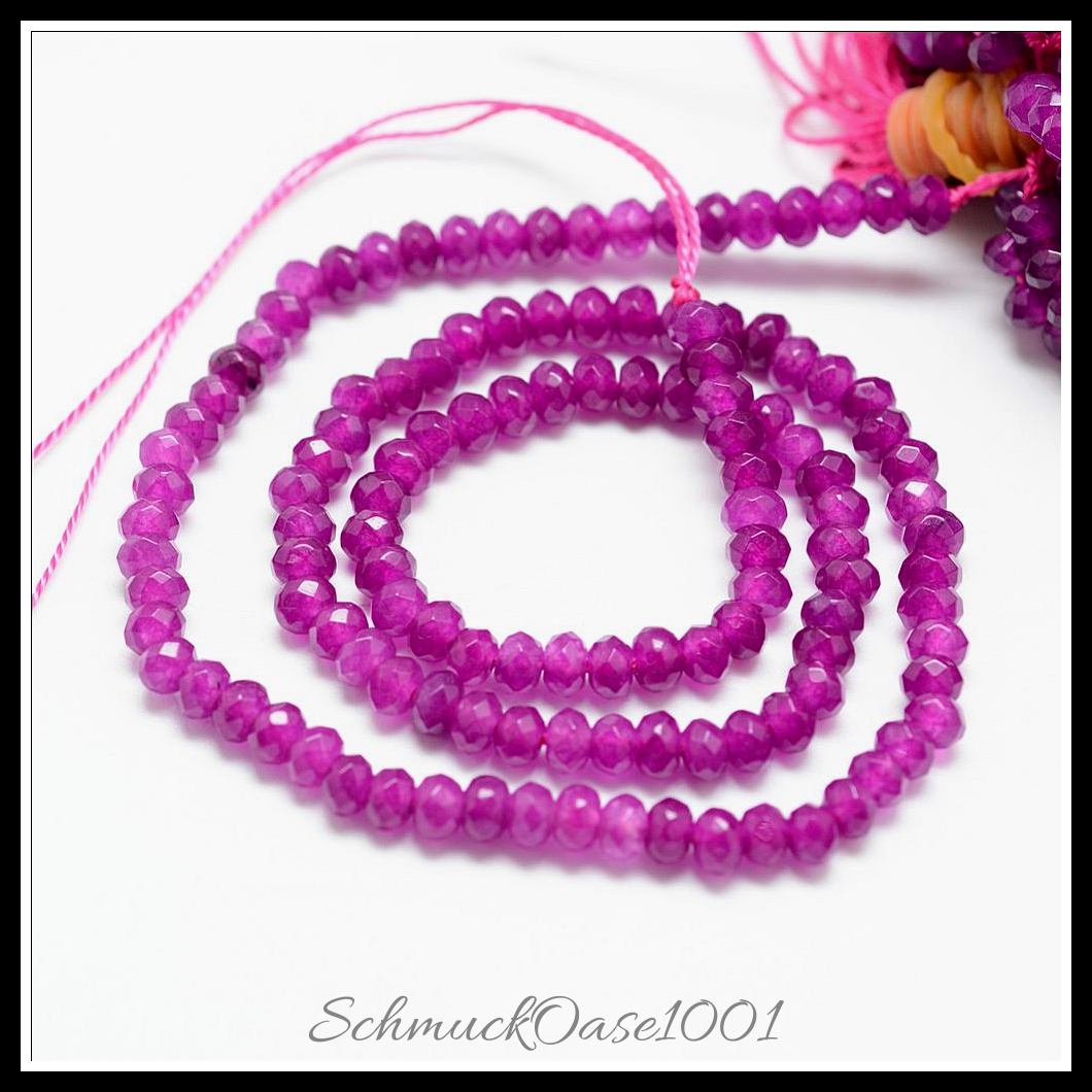 Natürliche jadeperlen, gefärbt, facettiert – rondell, verschiedene farben, aus koralle in der farbe natuerliche weisse jade, gefaerbt, facettiert, rondell und größe 4-5x3 mm bohrung: 0.5 mm ca. 115-120 stk pro strang 13.39-13.98 zoll (34-35.5 cm) 2 stränge, ausdrucksstark und ideal für auffällige designs