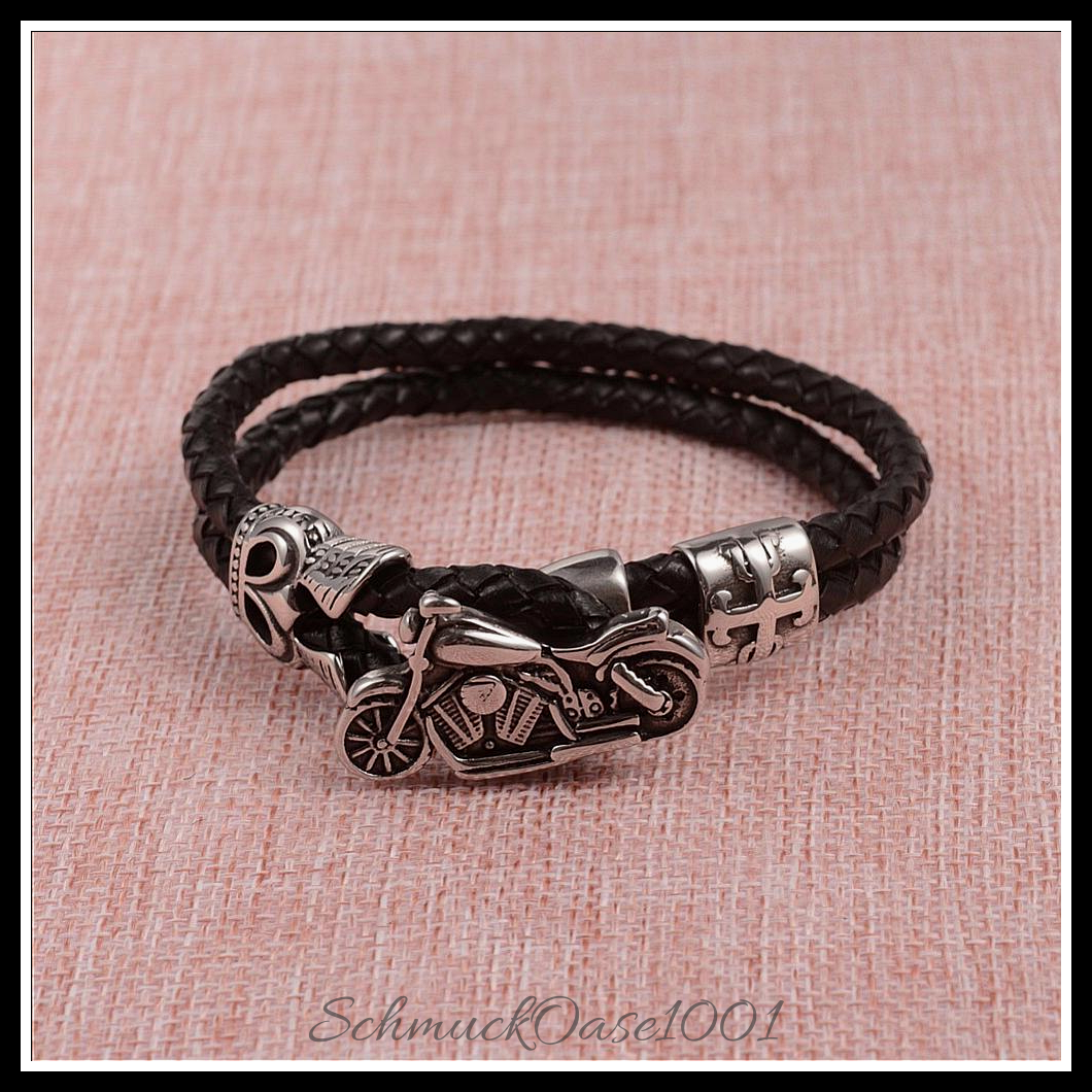 Geflochtenes multi-strang lederarmband mit edelstahl-motorradverschluss in den farben geflochtenes lederband, multi-strang, 316 chirurgischer edelstahl, motorradverschluss