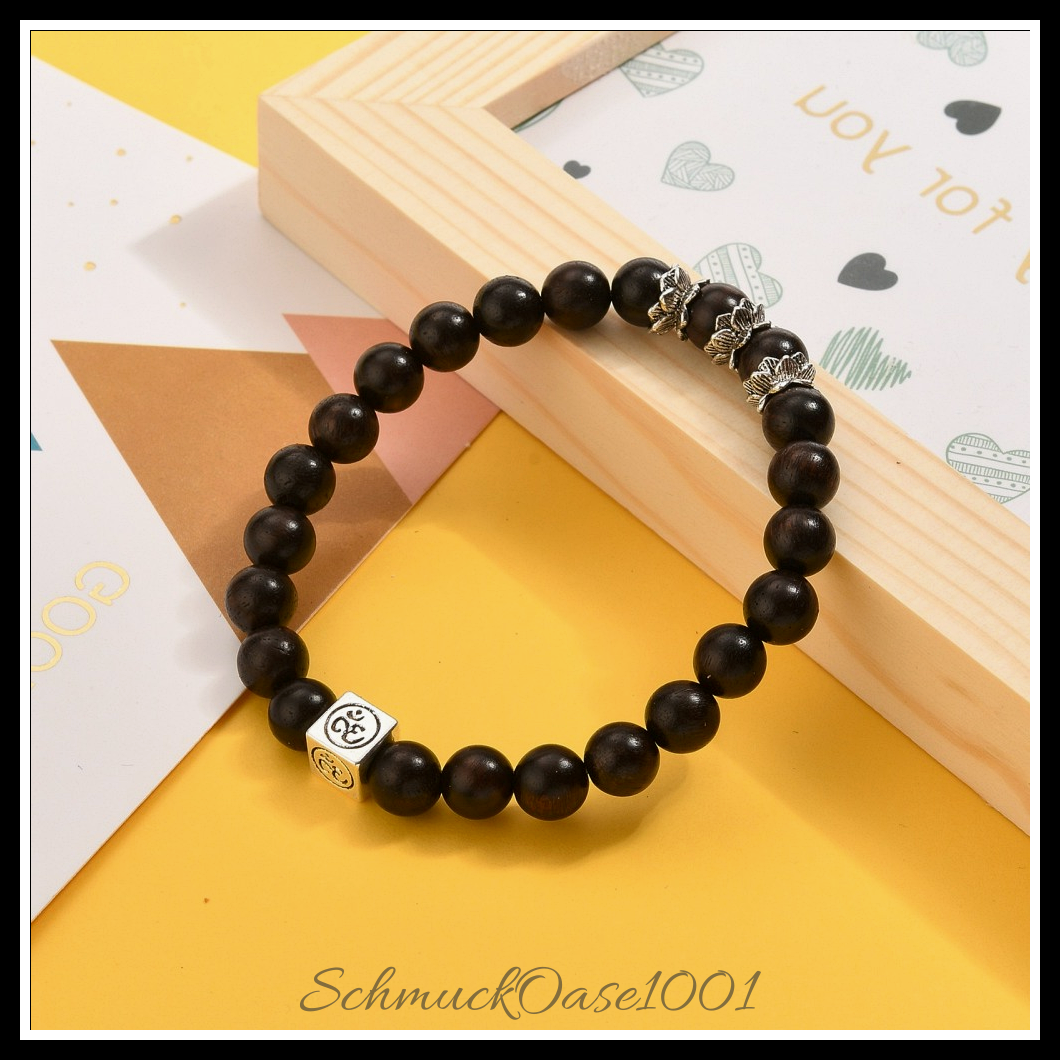 Yoga-thema naturholzperlen stretch armband – würfel mit ohm – 5.5 cm – 1 stk. in den größen antik silber farbe, schwarz