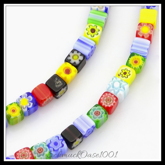 Millefiori-glasperlen strang, würfel, handgemacht – 1 strang in den farben millefiori glas, wuerfel, handgemacht, ausdrucksstark und ideal für auffällige designs