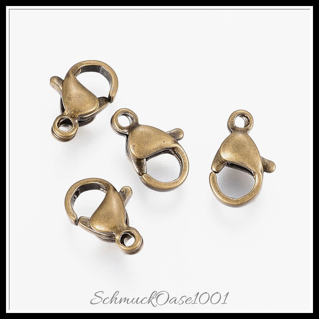 Karabiner-verschluss aus edelstahl – 12x7.5x3.5 mm / 30 stück, aus edelstahl 304 / karabinerverschluss in der farbe antik bronze und größe 12x7.5x3.5 mm, loch: 1.5 mm / 30 st., perfekt für die herstellung individueller ketten und armbänder