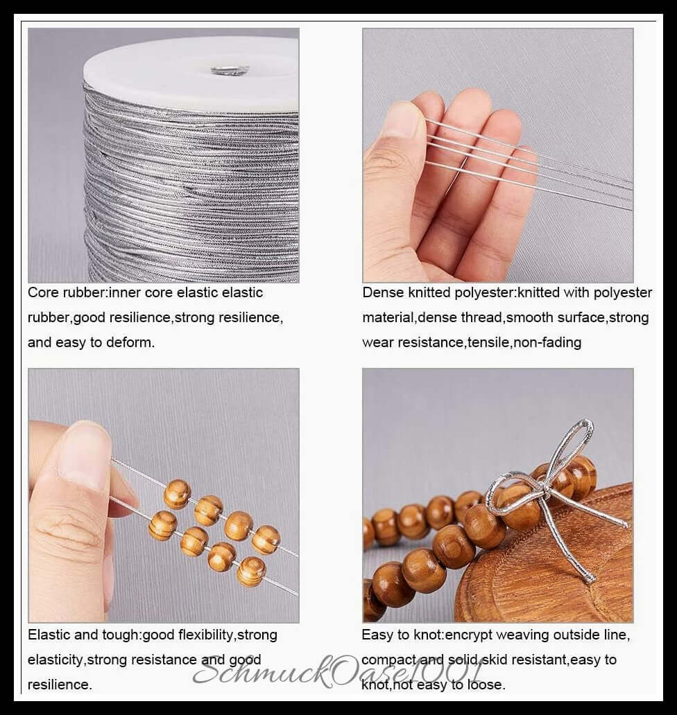 Elastische kordel – polyester außen, gummi innen – 1 rolle / ø1–2 mm – silber, zusätzliches detailbild
