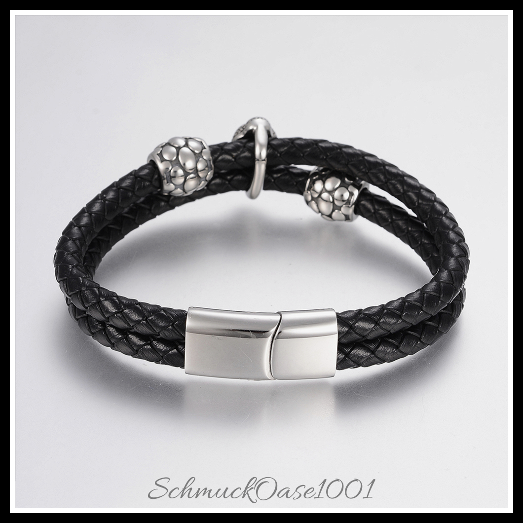 Buddha lederarmband – geflochten mit edelstahlperlen & magnetverschluss in den größen buddha, schwarz
