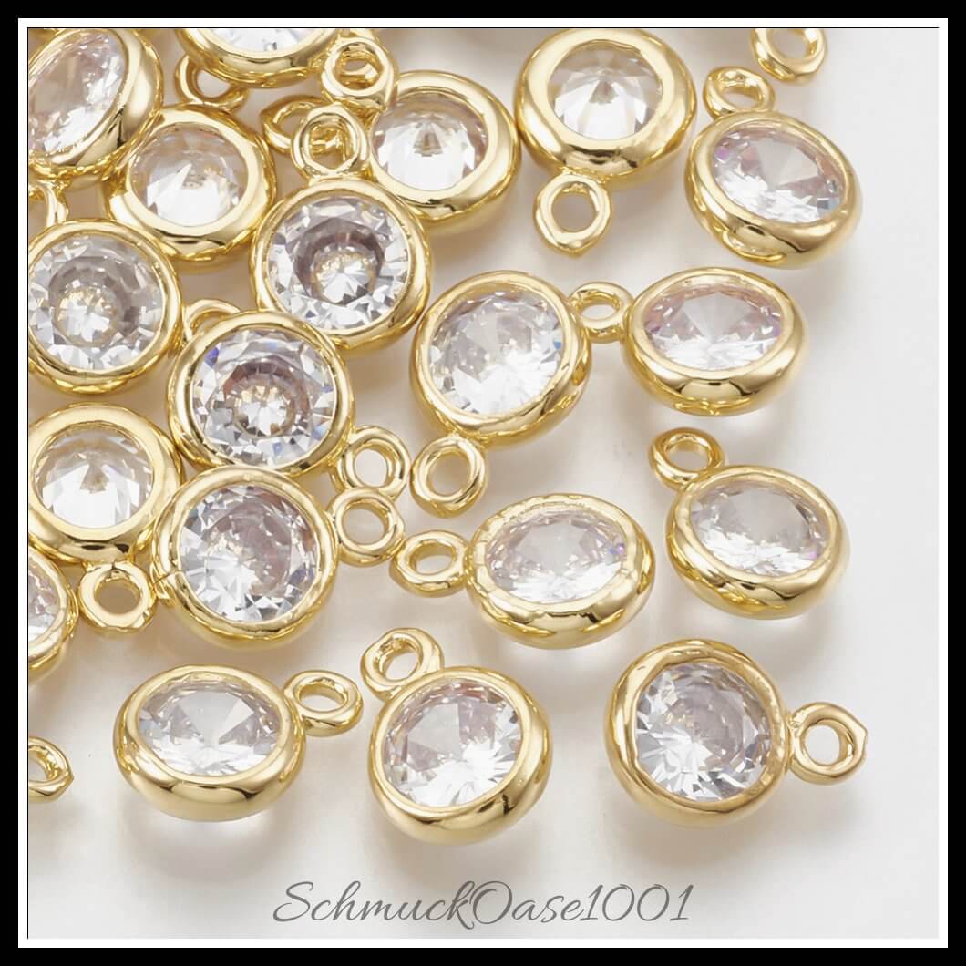 Messing zirkonia charms – flachrund / 8.5x6x2.5 mm / 4 stück, in der farbe transparent