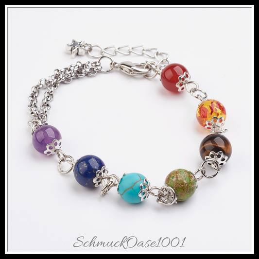 Natürliche und synthetische mischsteinarmbänder – chakras-stil – 190 mm – 1 stk. in den farben natürlicher stein, synthetischer stein, messing, mit befund