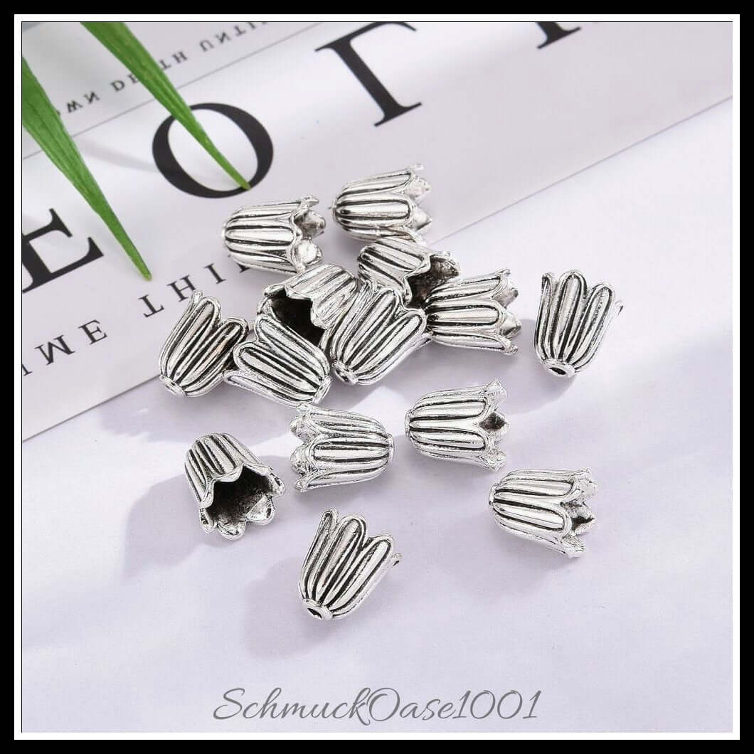 Tibetische perlenkappen – blume / 10x10 mm – 20 stück, zusätzliches detailbild, perfekt für die herstellung individueller ketten und armbänder