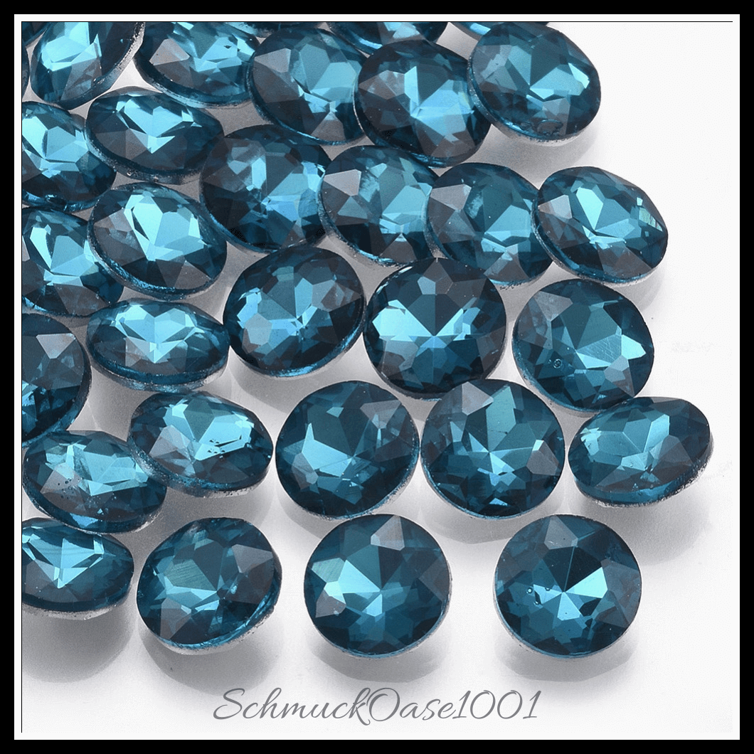 Similistein glas strass cabochons – facettiert – flachrund – blaugrün – 14mm – 40 stück, in der farbe glas strass, similistein, zurück vernickelt, facettiert, flachrund