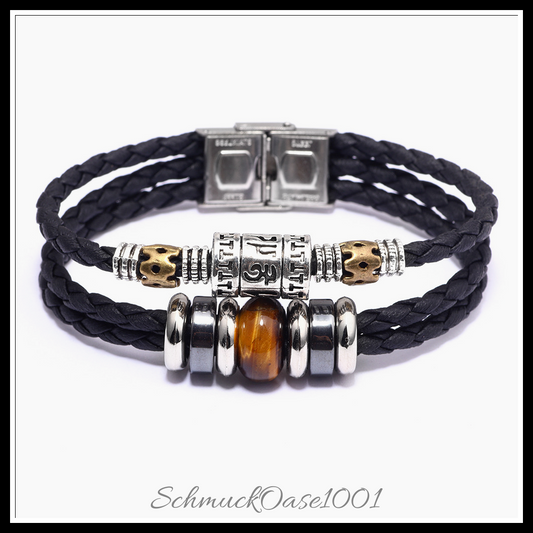 Lederarmband mit edelstein & hämatit – multi-strang stil-8-1/8 zoll (20.5 cm), 13 mm, in der farbe leder, multi-strang, goldstein, synthetischer hämatit, edelstahlverschluss
