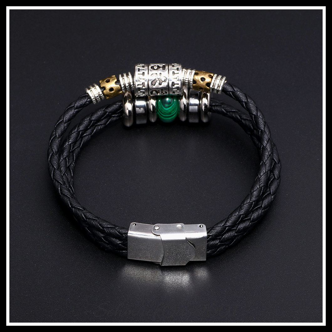 Lederarmband mit edelstein & hämatit – multi-strang stil-8-1/8 zoll (20.5 cm), 13 mm, aus mischfarbe in der farbe leder, multi-strang, verschiedene edelsteine, synthetischer hämatit, edelstahlverschluss und größe 8-1/8 zoll (20.5 cm), 13 mm