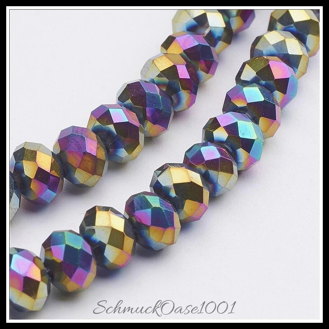 Elektroplattierte glasperlen – facettierte rondelle / 6x4 mm / 4 stränge, aus glas / facettiert, rondelle, elektroplattiert in der farbe mischfarben und größe 6x4 mm, loch: 1 mm, ca. 50 stück / strang / 4 stränge, ausdrucksstark und ideal für auffällige designs