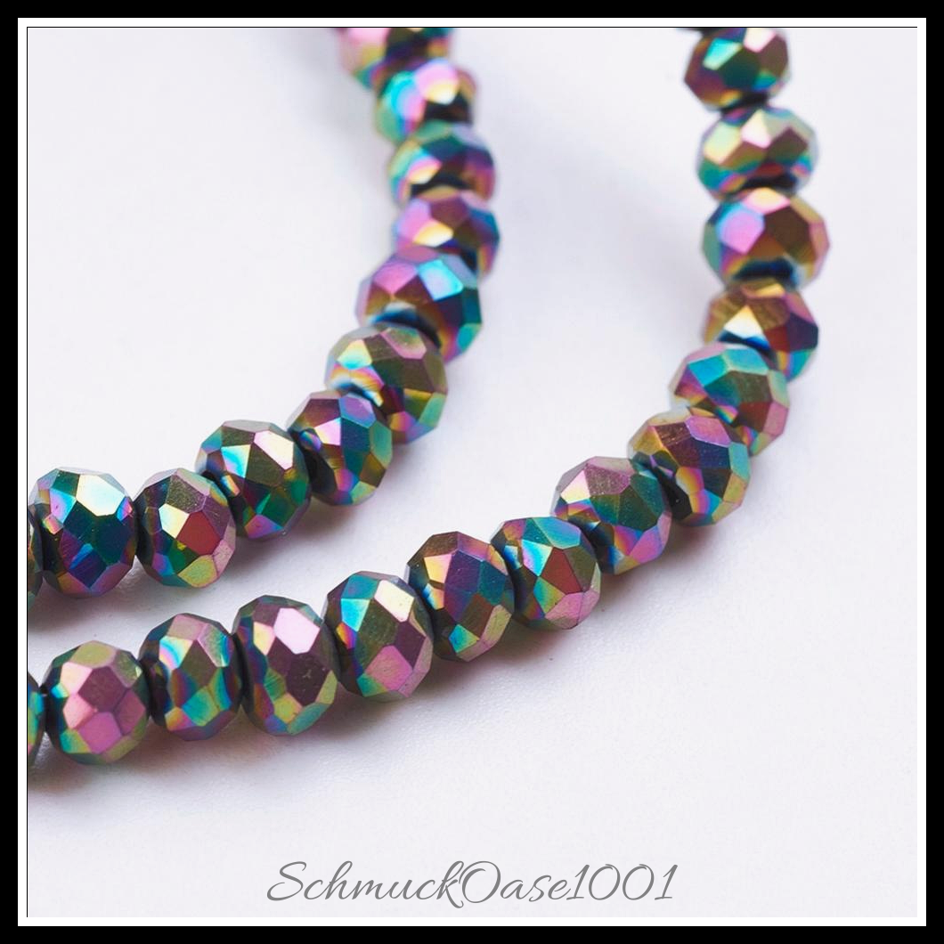 Galvanisierte glasperlen facettiert – multi-farbe plattiert, 3x2 mm, 2 stränge, aus multi-farbe plattiert in der farbe glas, galvanisiert, facettiert, rondell und größe 3x2 mm bohrung: 1 mm ca. 100 stk pro strang 10 zoll 2 stränge, ausdrucksstark und ideal für auffällige designs