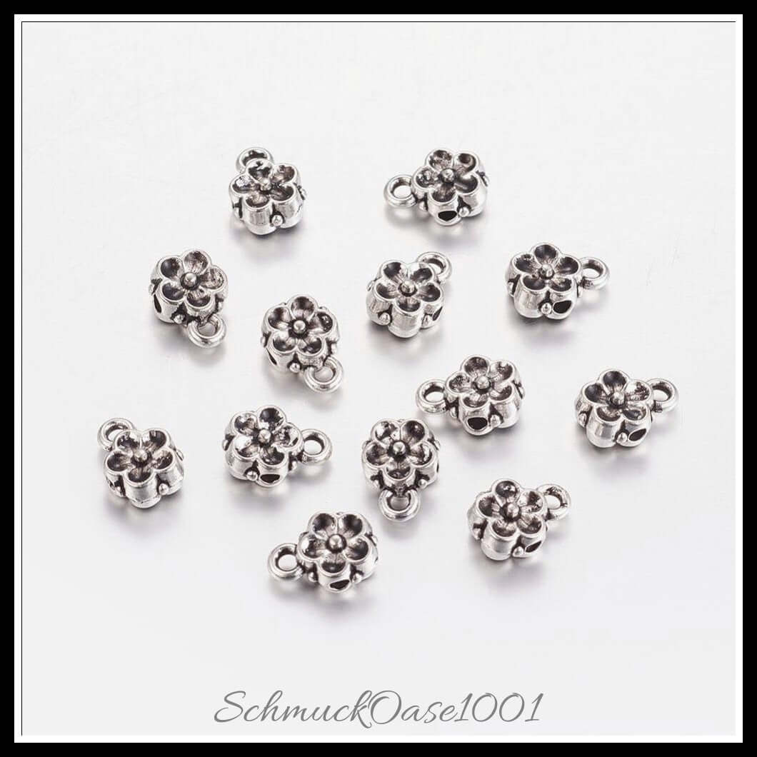 Tibetische bail beads – kleine blume / 8x6x4 mm / 30 stück, aus legierung / tibetisch, blume, cadmiumfrei, bleifrei in der farbe antik silber und größe 8x6x4 mm, loch: 1 mm / 30 st.