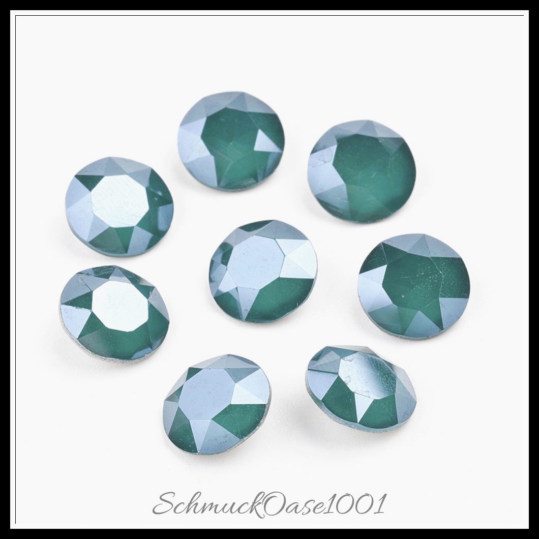Glas strass cabochons – klasse a – facettiert – flachrund – imitatorischer jade stil – capri blue – 10mm – 24 stück, in der farbe glas strass, klasse a, imitatorischer jade stil, facettiert, flachrund