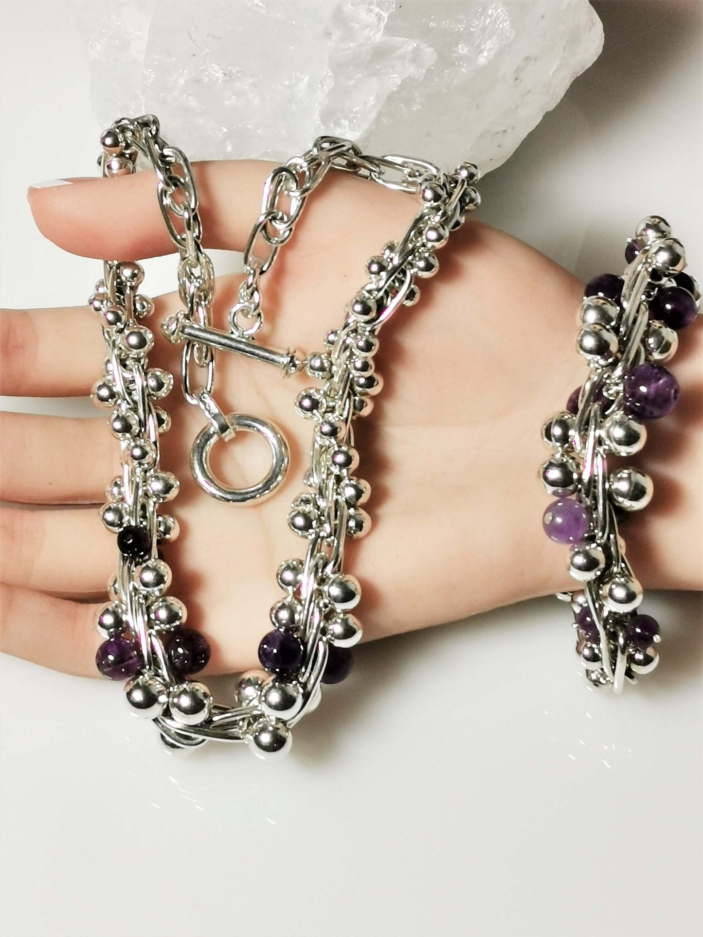 Luxuriöses amethyst-collier aus 925 sterling silber – rhodiniert, handgearbeitet, zusätzliches detailbild