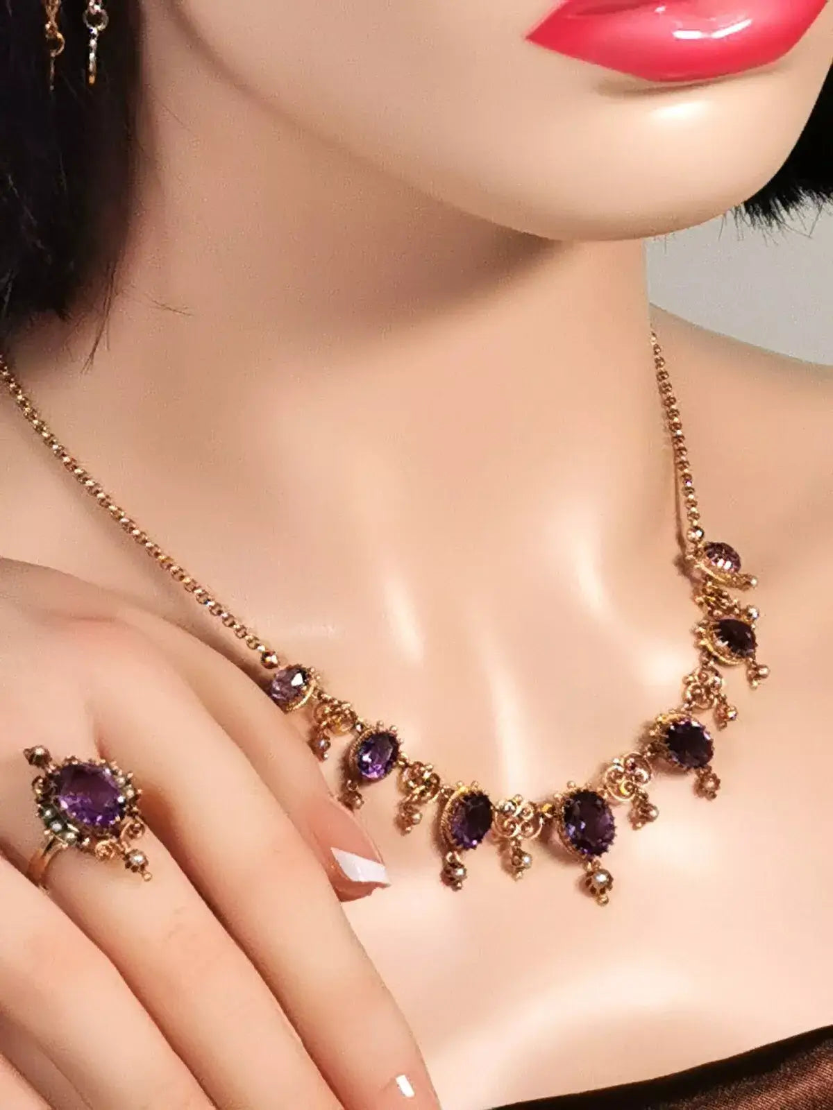 Viktorianisches belle époque collier aus 14k gold mit sibirischen amethysten, zusätzliches detailbild