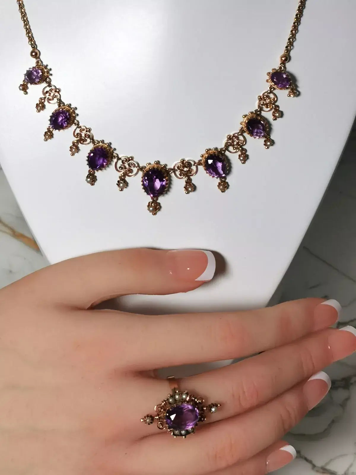 Viktorianisches belle époque collier aus 14k gold mit sibirischen amethysten, zusätzliches detailbild